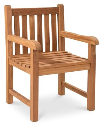 Home4You Gartenstuhl aus massivem Teakholz in Braun – Witterungsbeständiger Holzstuhl mit Armlehnen & Abgerundeter Sitzfläche – Robustes Sitzmöbel für Outdoor, Terrasse & Balkon – 60 x 87 x 51 cm