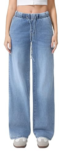 vittorio y Jeans femme taille élastique avec cordon de serrage jambe large denim lavage clair décontracté doux loisirs, bleu, XXL