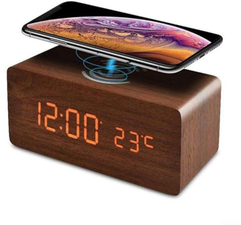 Wooden Digital Alarm Clock with Wireless Charging, Modern Space-Saving Bedside Table Decor for Home and Office, Elegant Idea for Family and Friends(brown)
