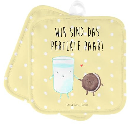 Mr. & Mrs. Panda 2er Set Topflappen Milch Keks - Geschenk, Gute Laune, Topfuntersetzer, Kaffee, perfektes Paar, Topfhandschuhe, Tiere, lustige