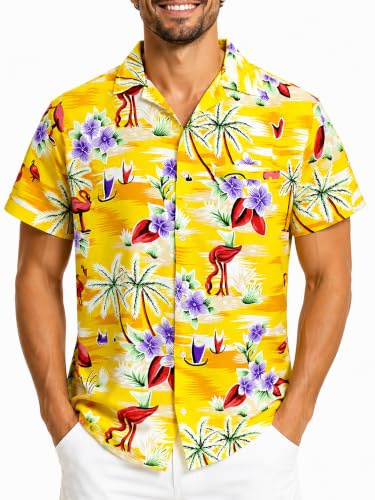 King Kameha Funky Hawaii Hemd Männer - Luftiges Hawaiihemd Herren Kurzarm mit Brusttasche & tropischem Flamingo-Print