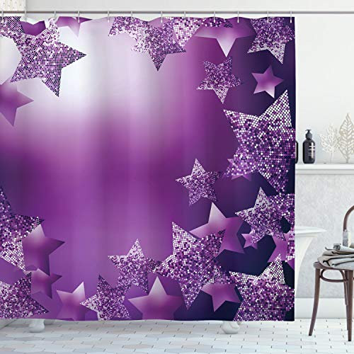 ABAKUHAUS Weihnachten Duschvorhang, Weihnachten Sterne Hintergrund, Stoffliches Gewebe Badezimmerdekorationsset mit Haken, 175 x 200 cm, Lila