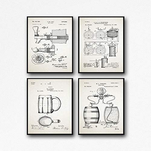 WallBUddy Craft Beer Poster Set of 4 Beer Patent Posters Beer Lover Gift Beer Decor for Bar Decor for Pub Craft Beer Prints Brewing Posters WB133A (13cm x 18cm, Ivory)