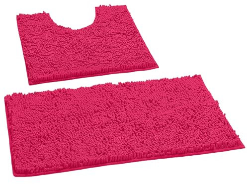 LuxUrux Tapis De Salle De Bain Ensemble De Tapis De Bain en Chenille De Luxe (2 Pièces), Antidérapant en Peluche Douce + Tapis De Toilette 1 `` Tapis Shaggy en Microfibre |Rose Vif|Ensemble Incurvé