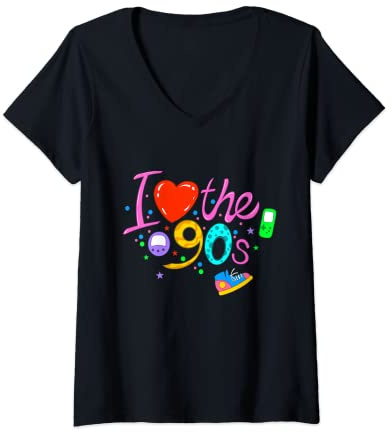 Damen I love the 90s 90er Party Outfit 90er Retro T-Shirt mit V-Ausschnitt