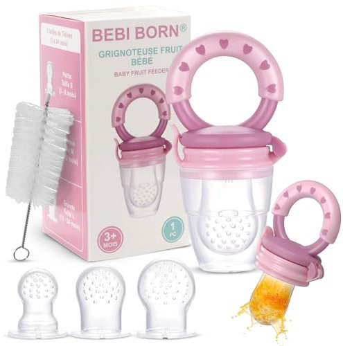 BEBI BORN - 1 Fruchtsauger Baby + 3 BPA Frei Silikon Sauger 4-24 Monaten - Fruchtsauger Baby ab 6 monate - Fruchtsauger Rosa - Fruchtsauger Baby ab 4 monate - Baby Fruchtsauger - Gebrauchsanweisung