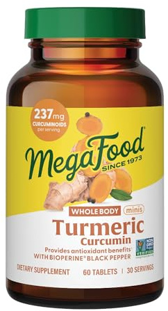 MegaFood Whole Body Minis Turmeric Curcumin Supplement - Turmeric Supplement With Black Pepper - 237 mg Curcuminoids Per Serving - Antioxidant & Immune Support - Vegan - 60 Mini Tablets, 30 Servings