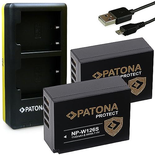 PATONA Chargeur Double avec 2X Protect V1 Batterie NP-W126S, NTC Compatible avec Fujifilm FinePix HS30EXR HS33EXR HS50EXR X-T20 X-H1 XT1 XT3 XT100 XT200 XPRO2 XPRO3 XA3 XA5 XA7 XA10