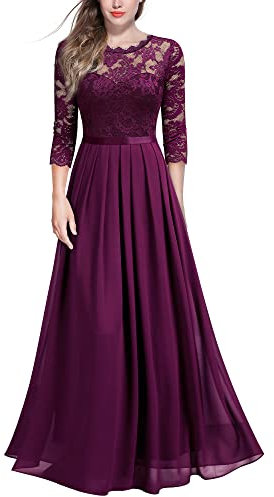 MIUSOL Women's Retro Floral Lace 3/4 Sleeve Wedding Bridesmaid Maxi Dress (Small, Magenta)