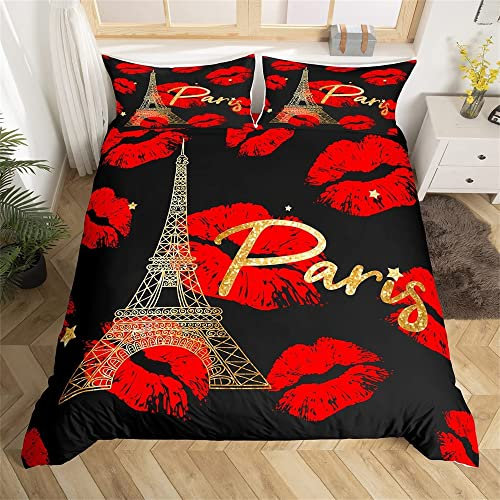 feelingyou Pariser Stil Bettwäsche-Set,Rote Lippen küssen Markierungen Bettwäsche Set 200x200cm,Eiffelturm Romantisch Betten Set für Kinder Jungen Mädchen Teenager 3St.Reißverschluss Mikrofaser