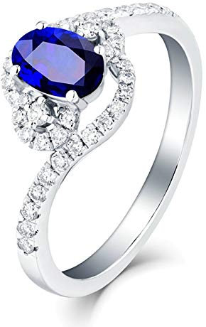 KnSam Echter Goldschmuck 18K 750 Weißgold Ringe für Damen, 1.37ct Sapphire Tropfen Oval Form Eheringe Vertrauensring Blau Gr.45 (14.3)