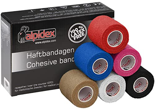 ALPIDEX 6 Rollen Haftbandage 5 cm x 4.5 m Selbstklebender Verband Pet Bandagen Fixierband Sport Vet Wrap Tape Selbsthaftend, Farbe:bunt