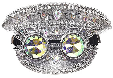 Bslingerie Halloween Steampunk Cosplay Pailletten Hut Rave Party Festival Kapitän Kopfbedeckung mit Brille, silber, Einheitsgröße