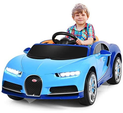 GYMAX Kids Ride on Car, 12V Battery Powered Compatible Bugatti Toy Car with Remote Control, Music, MP3/ USB/TF Slot, Storage Box & Safety Belt, Children Electric Vehicle for 3 Years Old+ (Blue)