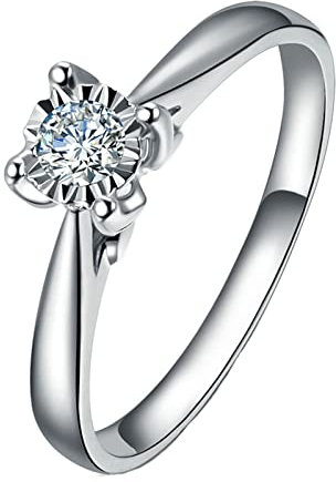 18K Weißgold Ring Damen, Ring Damen Weiß 4-Krappen-Runddiamant 0,1 ct Personalisierte Versprechen Ringe Schmuck