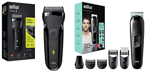 Braun Series 3 Electric Shaver for Men with Precision Beard Trimmer, 300, Black Razor & 6-in-1 All-in-One Trimmer Series 3, Male Grooming Kit with Beard Trimmer, MGK3221, Black/Volt Green