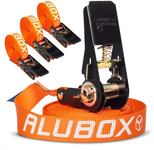 Alubox Spanngurt mit Ratsche 25mm breit orange Belastbarkeit 800kg Ratschengurt TÜV G/S geprüft - Länge 4m - 4 Stück
