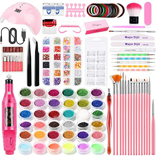 Major Dijit Tragbare elektrische Nagelbohrer,36W LED-Lampen, Nagelzubehör, Acrylic Powder,Nagelfeilen,Nagelstudio-Set für UV Nageldesign Gelnägel Nagelset Nail Art Geschenke für Frauen, Rosa