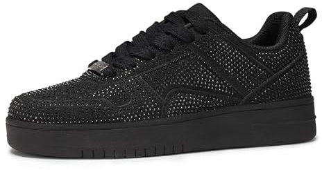LUCKY STEP Damen-Sneaker mit Glitzernden Strasssteinen, Leder Low-Top Sneaker zum Schnüren, Lässige, Bequeme Walkingschuhe (Schwarzer Strass, 11US-42EU-9UK)