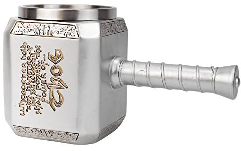 HUAPOPMU Thor Hammer Mug Tankard Nordic Style Decorations Stainless Steel Resin Norse Mythology Mjolnir Beer Mug with Corkscrew Milk Coffee Cup 450ml (Silver)