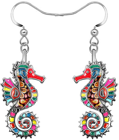 LONYOO Emaille Ozean Tiere Hai Ohrringe baumeln Zinklegierung Oktopus Qualle Wal Delphin Ohrringe für Frauen Mädchen Sommer Charms (Seepferdchen Ohrringe Mehrfarbig)
