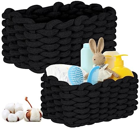 2 Pcs Aufbewahrungskorb Baumwolle, Baumwollseil Geflochten, Ablagekörbe Speicher Organizer Speicher Storage Basket für Kinderzimmer Wohnzimmer Bad D27xH17 CM + D33xH22 CM (Schwarz)