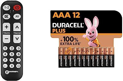 Geemarc TV10 - Easy-to-use Universal Remote Control with 19 Programmable Buttons for Seniors & Duracell Plus AAA Alkaline Batteries [Pack of 12], 1.5V LR03 MN2400