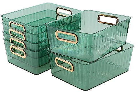 Mayish Pack of 6 Rectangular Plastic Storage Baskets, Cupboard Storage Boxes, Clear Green