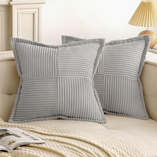 EMEMA Kordsamt Kissenbezüge Weich Dekokissen Dekorativ Kissenbezug 40x40 cm Kissenhülle Sofakissen Zierkissen Couchkissen 2er Set für Wohnzimmer Schlafzimmer Hellgrau