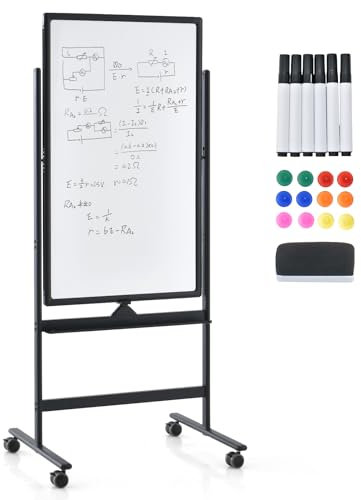 GOPLUS Whiteboard magnetisch mit Ständer, doppelseitiges Whiteboard mit Zubehör Set, Trocken abwischbar, mobiles White Board höhenverstellbar, für Schule, Büro, Zuhause (60 x 100cm, Schwarz)