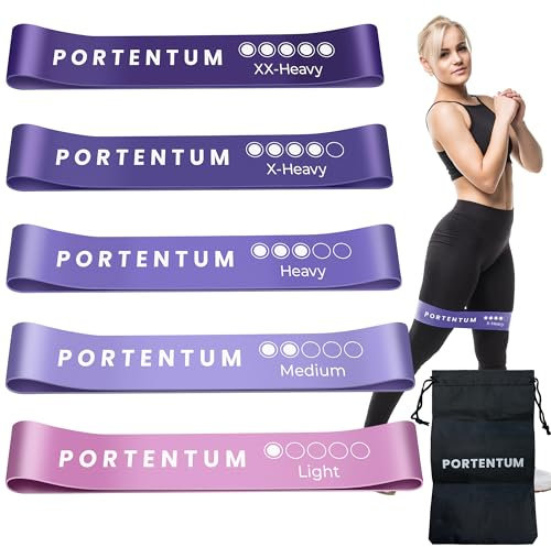 PORTENTUM Gomas elasticas musculacion, Set de 5 Bandas elasticas musculacion. Cómodo y Duradero látex 100% y Bolsa Almacenamiento para Las Cintas elasticas musculacion