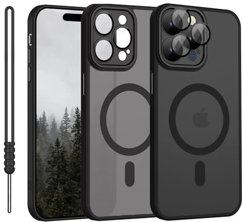 iPhone 15 Pro Hülle mit MagSafe, Hanyhülle iPhone 15 Pro Magnetisch Leicht Dünn Matte Touch Kameraschutz, Kratzfeste Anti-Gelb Rutschfest Kratzfest Schutz Stoßfest Hülle für iPhone 15 Pro Matt Schwarz