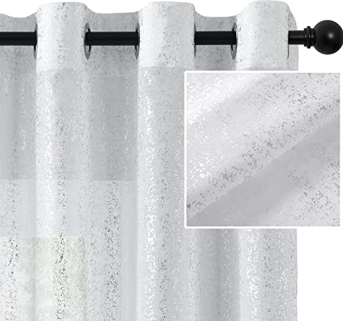 TERLYTEX Transparente Vorhänge, Silber-weiß, metallisch, 228 cm lang, für Wohnzimmer, mit Ösen, 132 x 228 cm, 2 Paneele