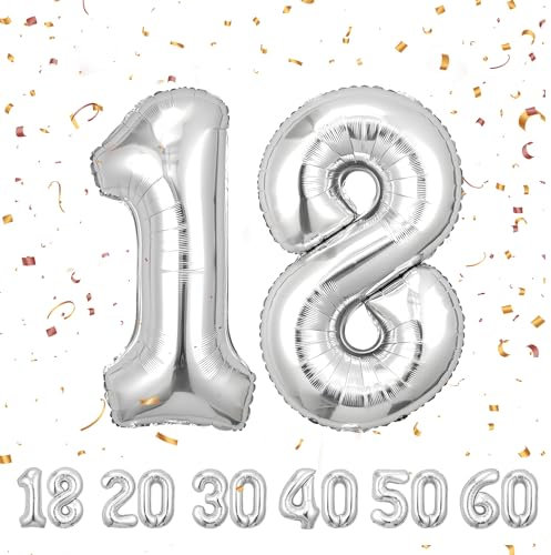 Zahlen luftballon 18 jahre | Silber Folienballon-4018 Geburtstagsdeko -18 Ballon Zahl Deko zum Geburtstag fliegt mit Helium 18.Geburtstag für Männer Frauen 18.Geburtstagsparty Jubiläum