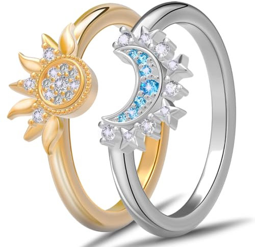 aesdox Sonne Mond Ring Set, Freundschaftsringe Sonne Herren Gold und Mond Ring Damen Silber 925 (#7, Sonne&Mond)