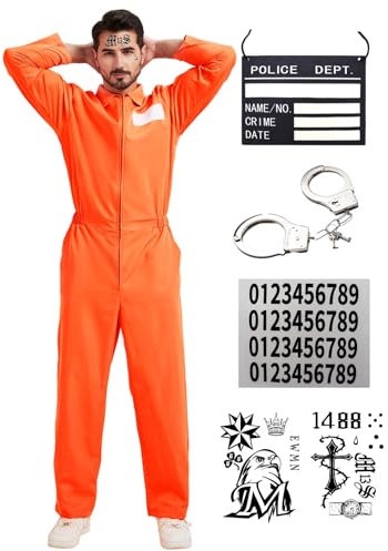 Dzorim Orange Prisoner Costume Prison Jumpsuit Convict Suit Costume Jail Onesie Men Fancy Dress Mens Orange Prisoner Outfit Overalls