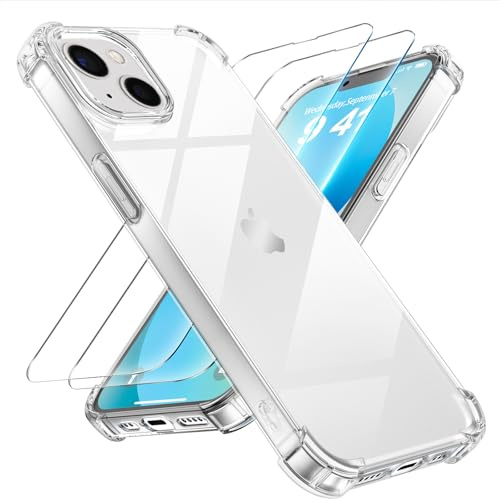 Tentoki Funda para iPhone 13 Mini, 2 Piezas Cristal Templado | Carcasa Protectora con Cojín de Aire Esquina Integrado, Antichoque, Anti-Amarillo, Transparente, 5,4 Pulgadas