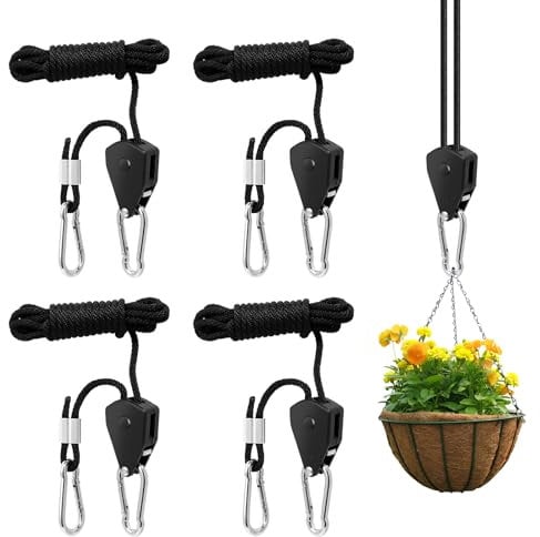 Seilratsche mit Haken, 4 Stück 150lb Duty Heavy Rope Seil Ratsche, Verstellbarer 1/8 Zoll Seilspanner, Seil Ratsche Hanger, Seilzugratsche Schwarz für Pflanzenventilator Grow Lampe Zelten(2M)