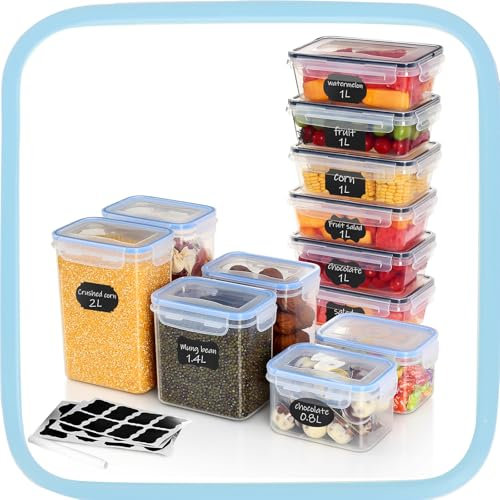 Ordeluxe Juego de 12 Botes Cocina Almacenaje, Recipientes Herméticos para Alimentos con Tapa Sin BPA, 6 X1L (meal prep containers) & 2 X (2L + 1.4L +0.8L) Botes