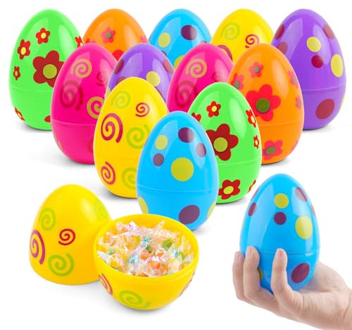 Ostereier zum Befüllen Plastik Groß 12 Stück,Farbig Bedruckte Befüllbare Ostereier mit Höhe Von 14.5 cm,Eier zum Befüllen,Plastikeier zum Befüllen,Plastik Ostereier für Kinder Ostern-Füllleckerien