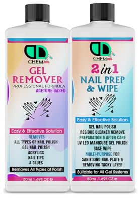 Nail Prep & Wipe + Gel Polish Remover Residue Cleaner (50ml x 2), Gel Nail Preparation, UV LED Manicure Gel Polish Base Wipe, Multi-Purpose for Sanitising Nail Plate & Removing Tacky Layer