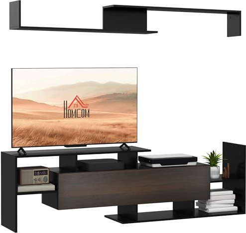 HOMCOM Ensemble Meuble TV avec Banc et étagère Murale Style Contemporain 153,6L cm - Noir