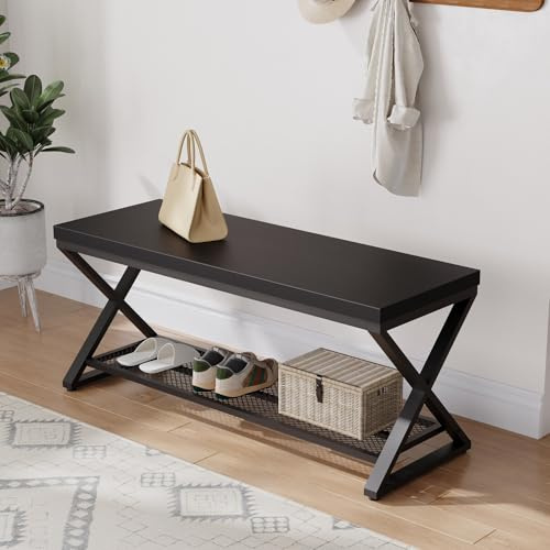 LVB Black Entryway Bench with Storage, Indoor Shoe Bench with Seating for Hallway, Accent Storage Bench for Living Room Bedroom, Simple Small Shoe Rack Benchs for Foyer Entrance, Black Oak, 100 CM