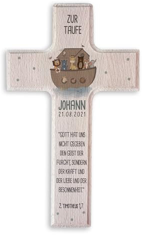 hellomini Personalisierbares Taufkreuz mit 3D-Namen & Taufspruch – Handgefertigtes Holzkreuz Buche – Individuelles Geschenk zur Taufe - Taufgeschenk für Kinder (Arche Noah)