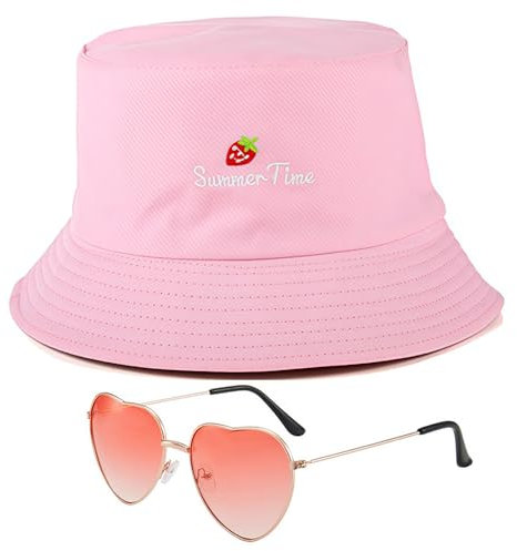 AYNKH Unisex Reversible Bucket Hats Fashion Strawberry Embroidery Packable Fisherman Wide Brim with Sunglass for Men Women Outdoor Summer Beach Travel (UK, Alpha, One Size, Pink)