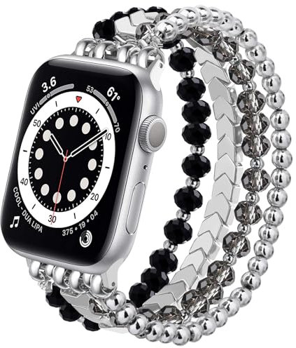 V.R.HOPE Perlenarmband kompatibel mit Apple Watch Armband 40mm 42mm 41mm 38mm Damen Mode Kristall Bead, elastisch und dehnbar, geeignet für iWatch SE und Series 10 9 8 7 6 5 4 3 2 1-Silber-groß