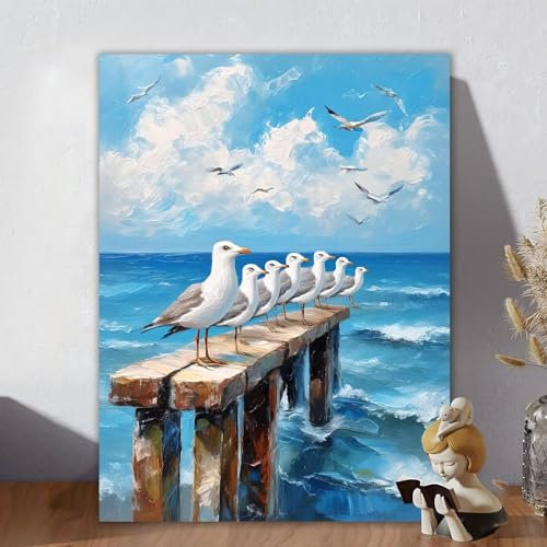 Malen Nach Zahlen Erwachsene Wolke, Malen Nach Zahlen Kinder, DIY Kreativ Set für Frauen mit 3-Pinseln und Acrylfarbe Kit, Paint by Numbers Möwe für Aesthetic Room Decor, Ohne Rahmen 60x80cm X-2