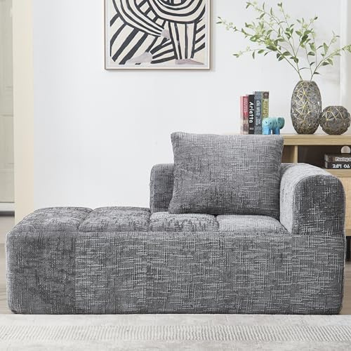 Zepneiy Sofa mit kein Zusammenbau erforderlich,Bequemes Chaiselongue mit Kissen und Seitentaschen für Fernbedienung und Mobiltelefon, Wohnzimmer Möbel Schlafsofa für Wohnzimmer Villa, Chenille Grau
