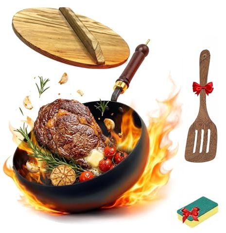 Unbeschichtete Eisenpfanne, handgeschmiedeter Eisen-Bauchtopf, Eisenbratpfanne, vielseitiges Kochgefäß zum Simmern und Braten bei hoher Hitze, Induktionsherd-kompatibel (Topfdeckel aus Holz, 24CM)