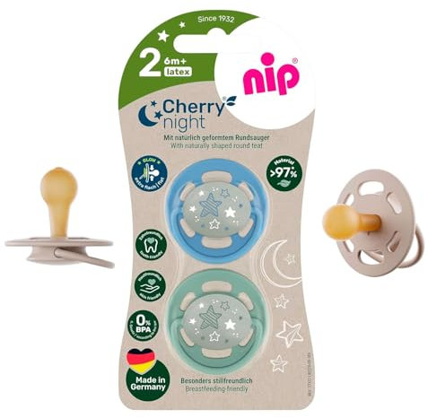 NIP Cherry NIGHT 6 + Rundsauger Schnuller Leuchtschnuller, CHERRY NIGHT 6-36 Monate, Knopf leuchtet langanhaltend im Dunkeln, HAUTFREUNDLICH, NACHHALTIG, 2er Pack UNISEX Babies
